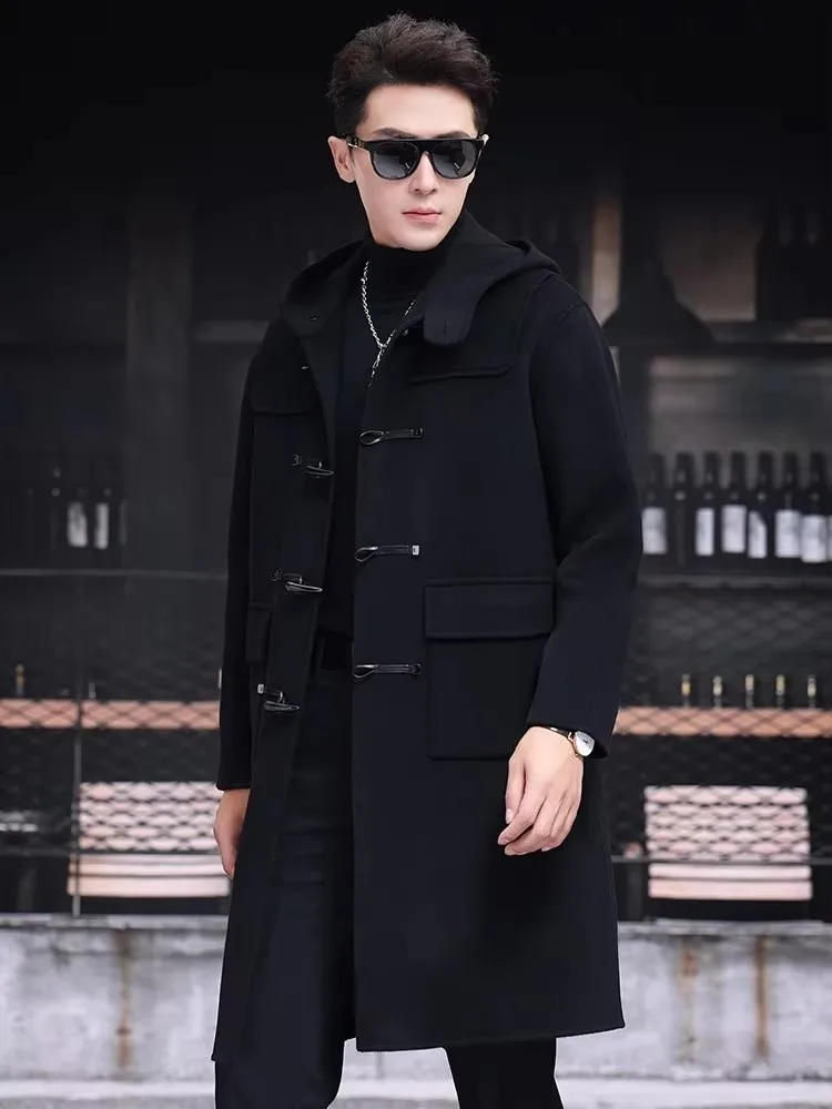 Mens 100% Wool Trench Overcoat Vintage Horn Button Hooded Long Coat Double Faced Sheep Fur Loose Fit Windbreaker Woolen Blends