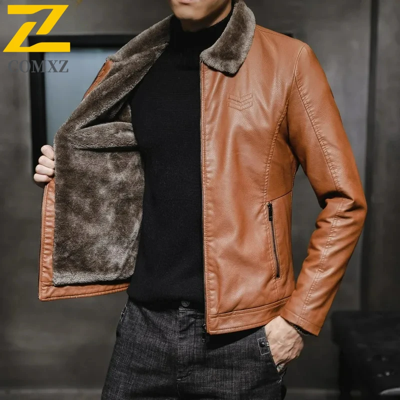 Winter Men's Leather Jacket 2025 New Solid Color Plush and Thick Outdoor Travel Lapel Windproof Coat Men's Warm Leather Clothing