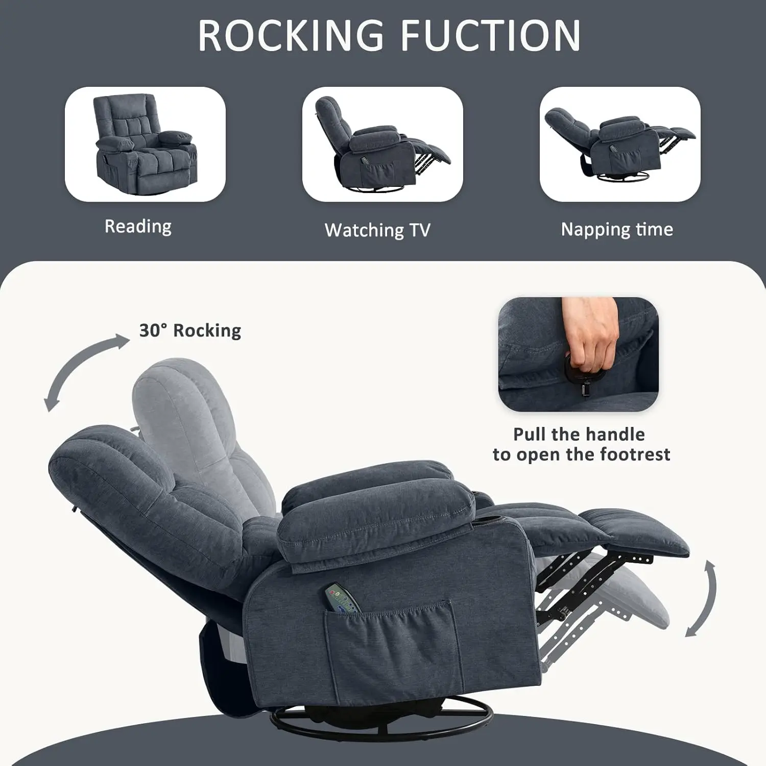 Swivel Rocker Recliner Chair with Vibration Massage and Heat Ergonomic Lounge Chair for Living Room with Rocking Functio