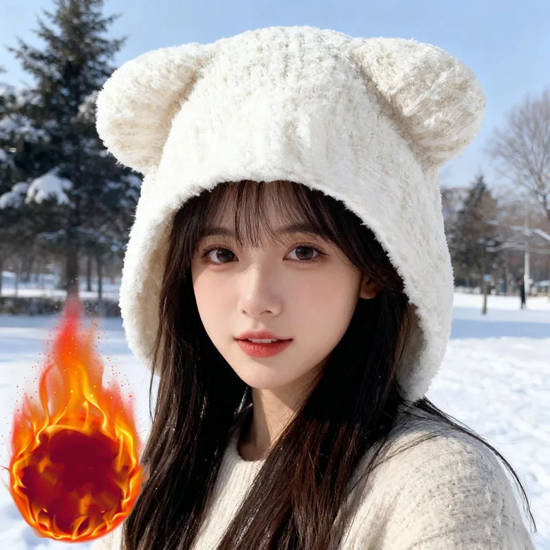 Outono inverno feminino chapéu de malha bonito estilo coreano urso orelha gorro quente proteção de ouvido natal tempo frio wear