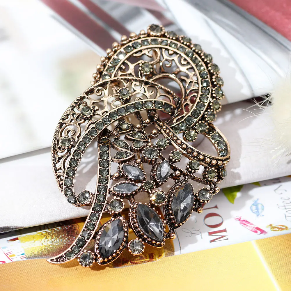 Sunspicems Vintage Gray Crystal Turkish Brooch Pin For Women Ethnic Bridal Jewelry Arab Hijab Scarf Broches Brooch Rhinestone