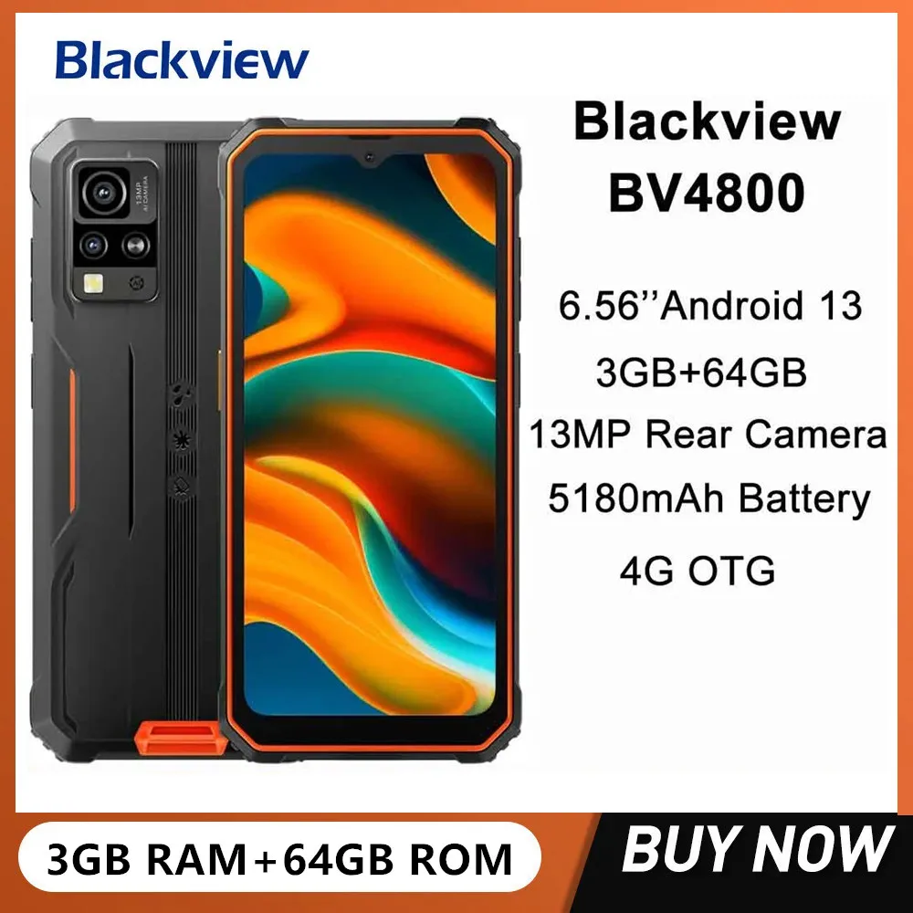 Blackview BV4800 Rugged 4G Smartphones Helio A22 Quad Core 3GB+64GB 5180mAh 6.56Inch Android 13 Mobile Phone 13MP Camera NFC