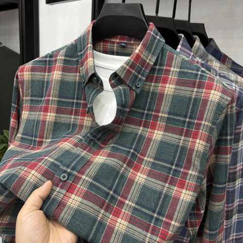 Imagen 2 del producto Camisa a cuadros cepillada de algodón, nuevo artículo de otoño e invierno, camisa a cuadros de algodón puro, camisa de moda para hombre