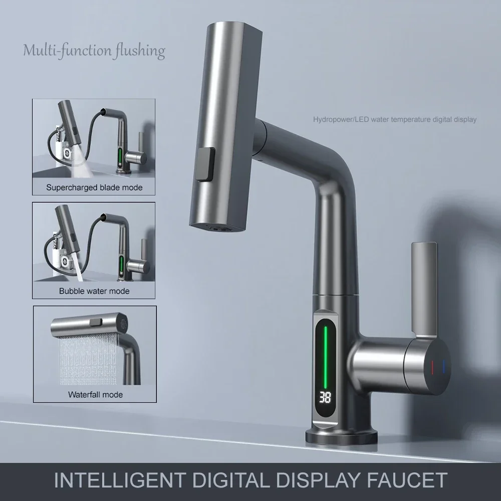 

Digital Display Bathroom Basin Faucet Pull Out Waterfall Stream LED Sink Mixer Tap 3 Way Sprayer Water Saving Bathroom Gear
