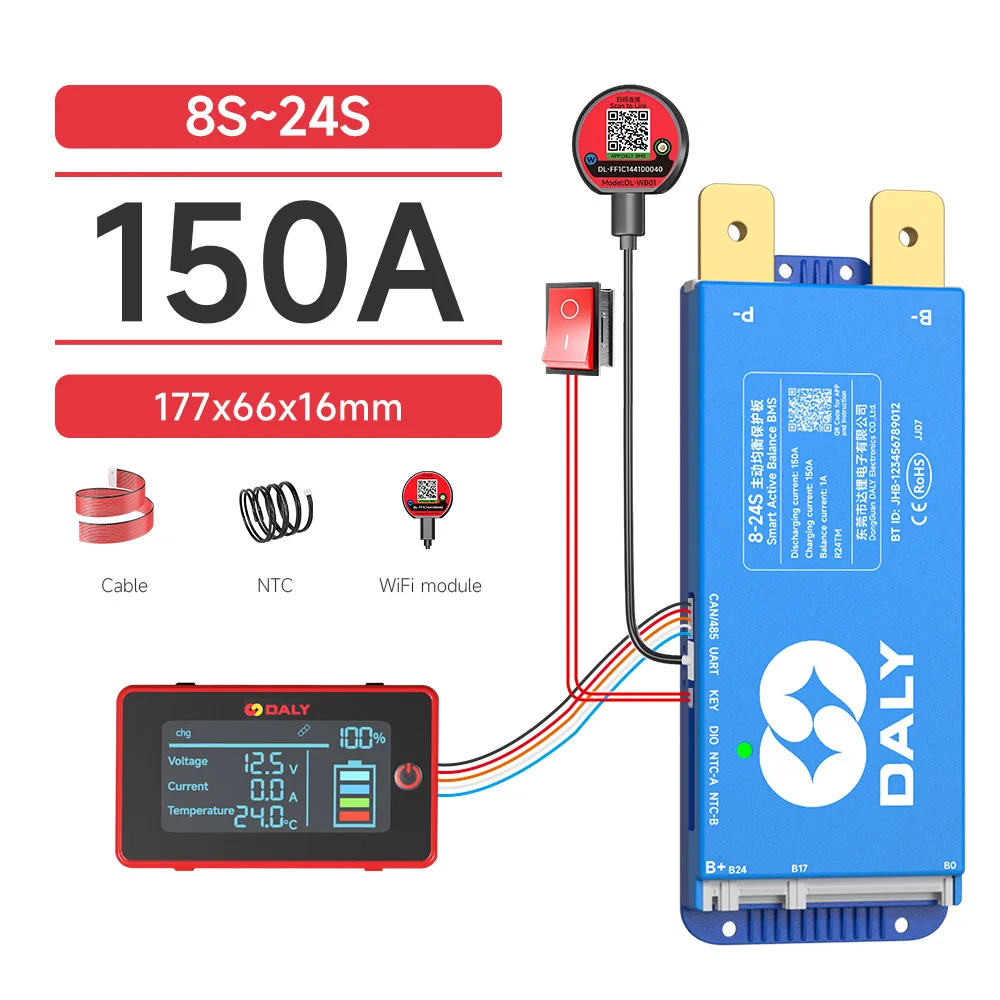 DALY Smart BMS 4S 8S 16S 40A 60A 100A 150A 200A 12V 24V 48V LiFePo4 1A Actieve Balancer BMS met LCD RS485 UART WIFI KEY