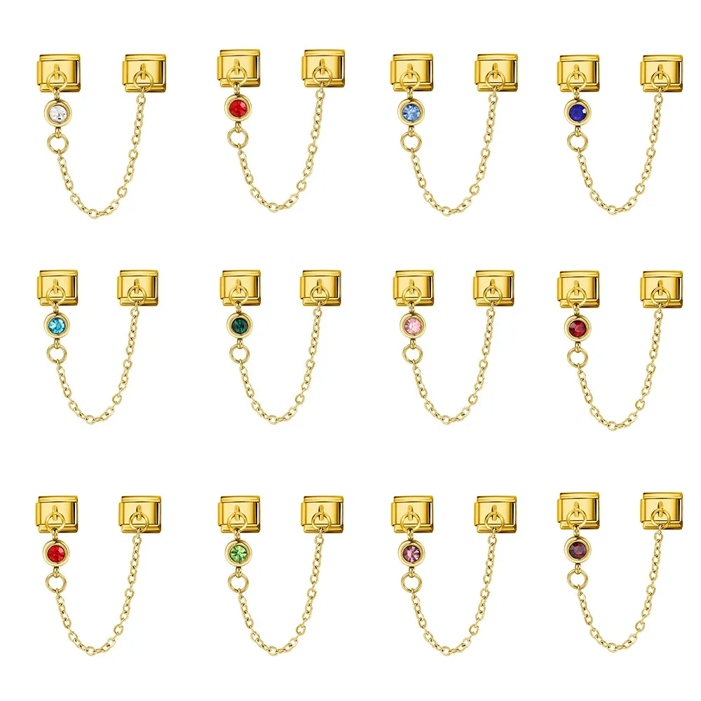 

For Women Men Birth Gifts Round CZ Birthstone Gold Color Stainless Steel Italian Charm Chain Fit 9mm Jewelry DIY Making Bracelet