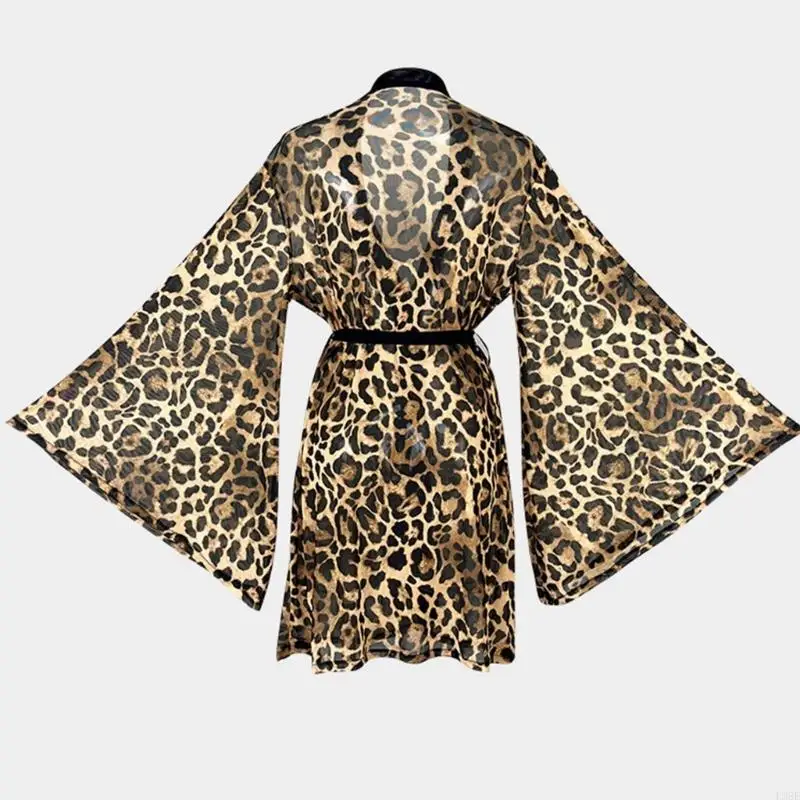 L38E Women Mesh Robes Set Leopard Pajama Set 2Piece Mesh Cami Nightgown with Robes Sleepwear Nightdress Robes Lingerie