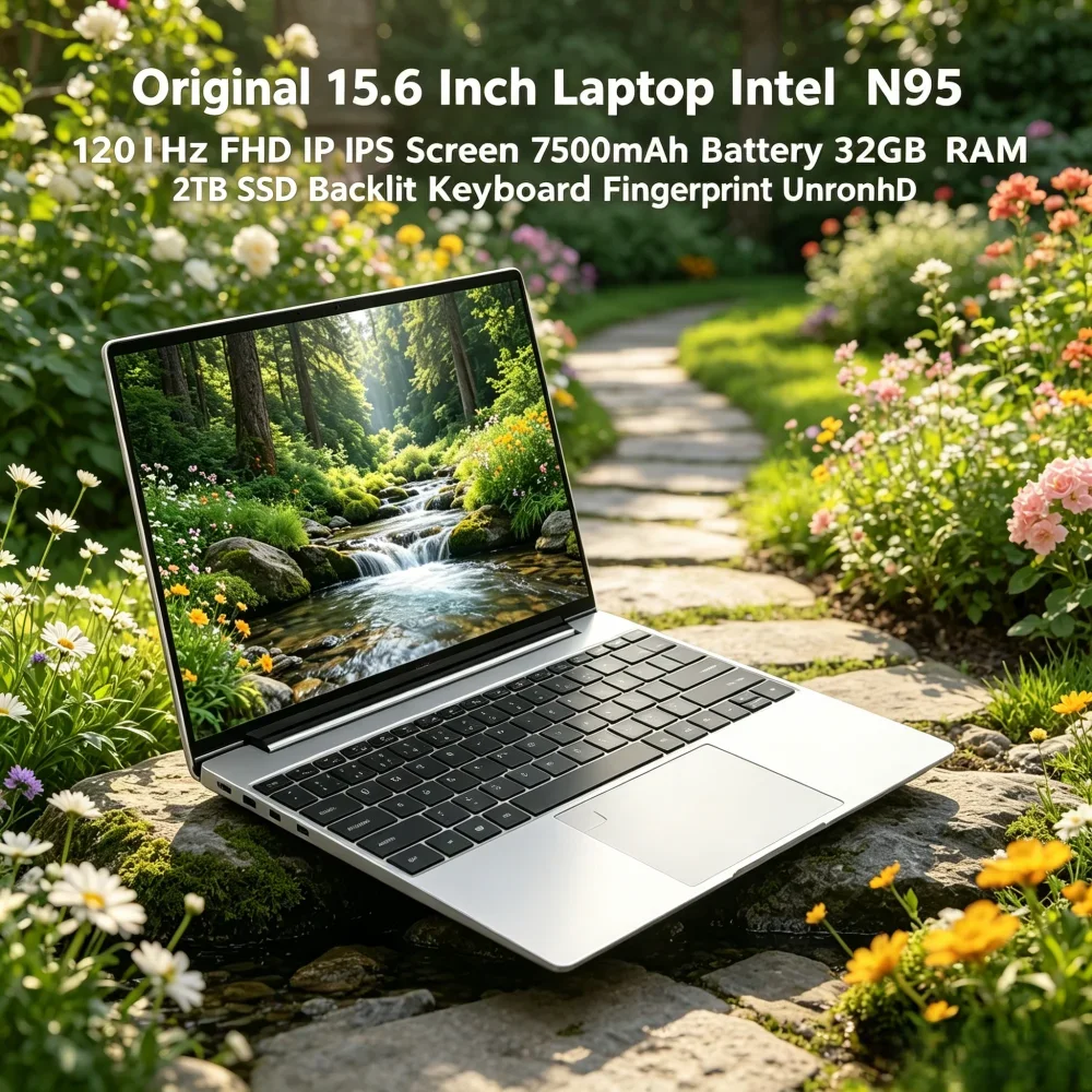 

Original 15.6 Inch Laptop Intel N95 120Hz FHD IPS Screen 7500mAh Battery 32GB RAM 2TB SSD Backlit Keyboard Fingerprint Unlock