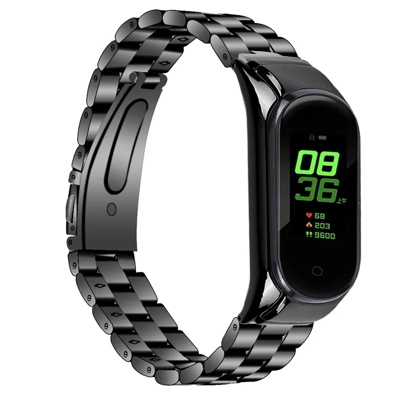 

For Xiaomi Mi Band 7 Stainless Steel Three-bead Wrist Strap Replacement Watch Band with Foldable Buckle - Black
