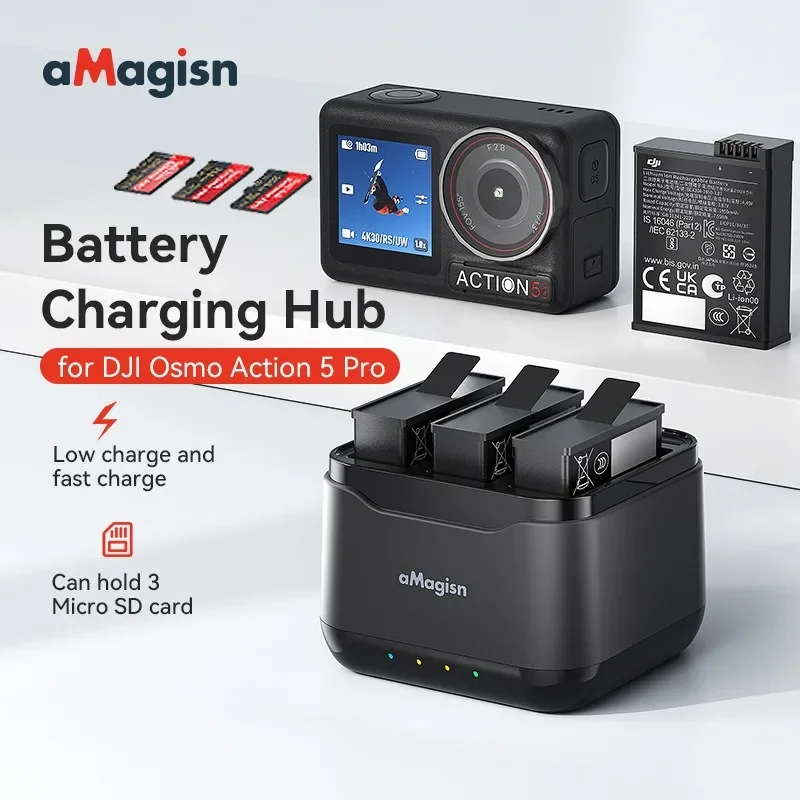 aMagisn For DJI Osmo Action5 Pro Battery Charging Dock Triple Charger Accessories