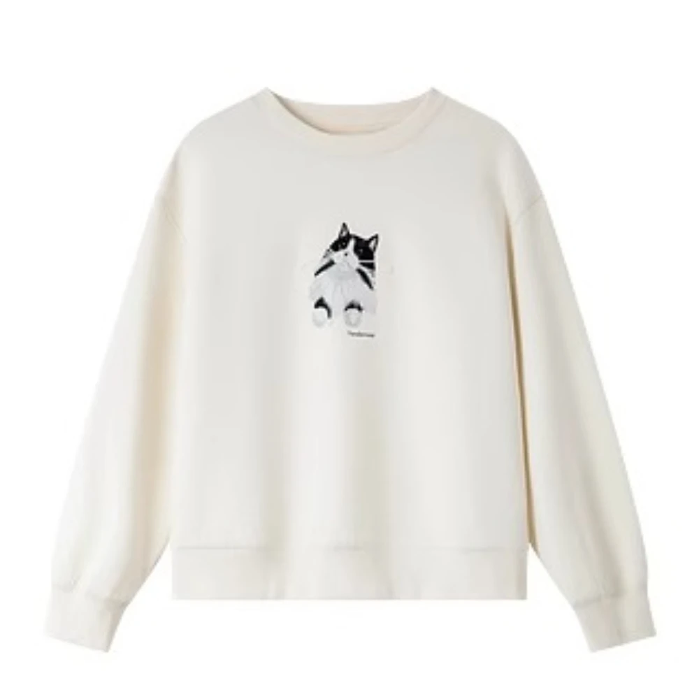 VIMLY Women's Sweatshirt 2025 Spring Autumn Cute Cat Print Loose Pullover Crew Neck Long Sleeve Top Female Clothes A0503