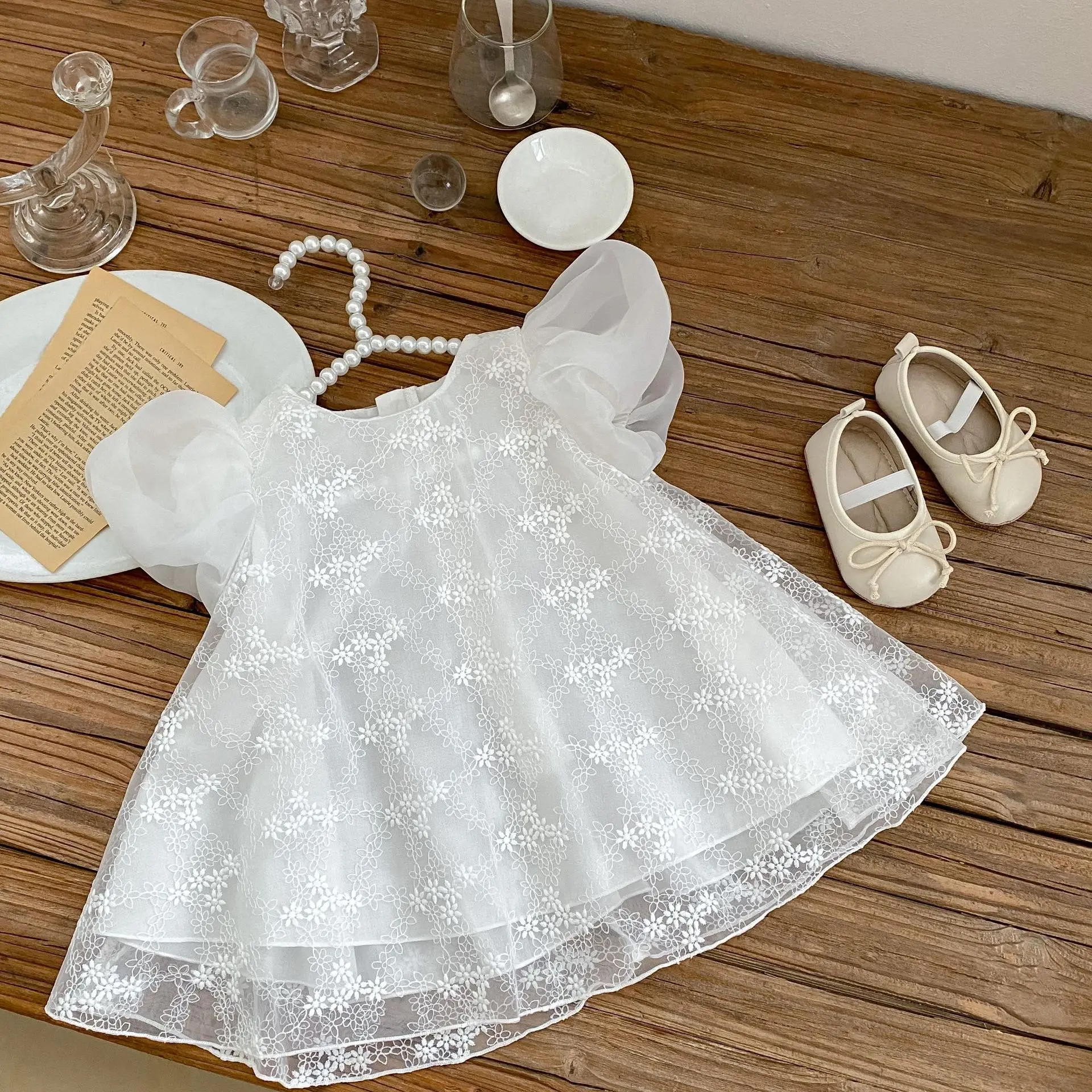 Girls Casual Dresses Summer Girls Round Neck Knee Length Solid Princess Bubble Short Sleeve Cotton Printed Lace