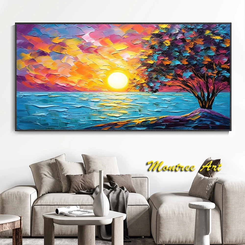 Hand Painted Oil Paintings Modern Boho Art Colorful Sky Canvas Painting Abstract Tower Tree Texture Oil Painting home decor