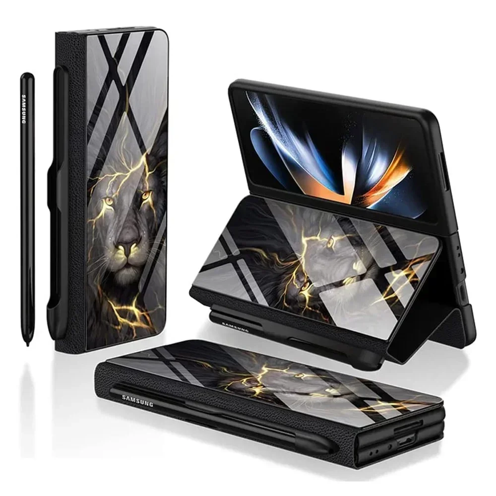 

Tempered Glass Flip Leather Case For Samsung Galaxy Z Fold 5 4 with S Pen Holder Fold5 Fold4 Cover