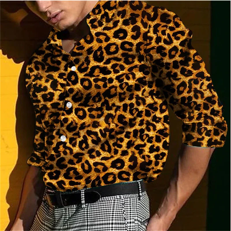 Leopard Print Shirt Men\'s Cuffed Fashion Casual Men\'s Soft Comfort High End Party Tops Men\'s Street Long Sleeve Clothing Tops