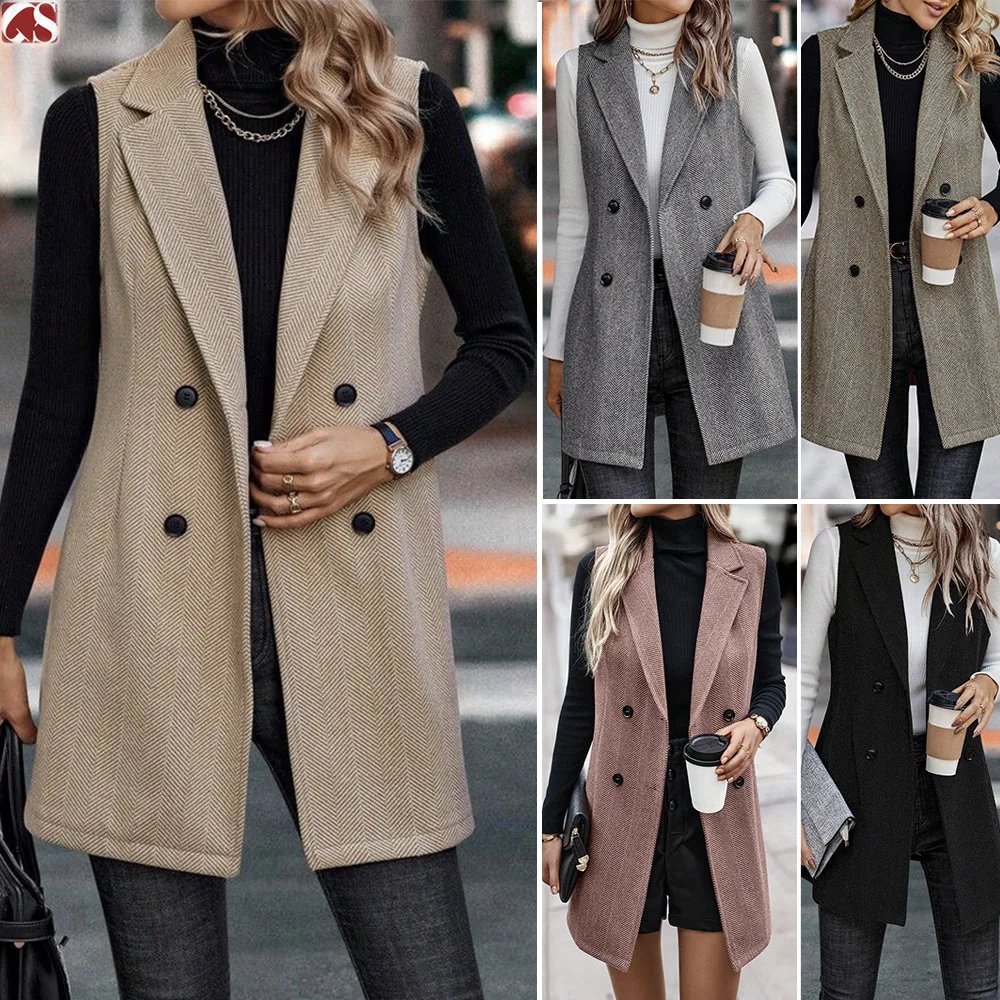 Woolen Long Vest Women Coat Sleeveless Double Breasted Waistcoat Jacket Winter Fashion Parkas Office Casual Gilet Femme Cardigan