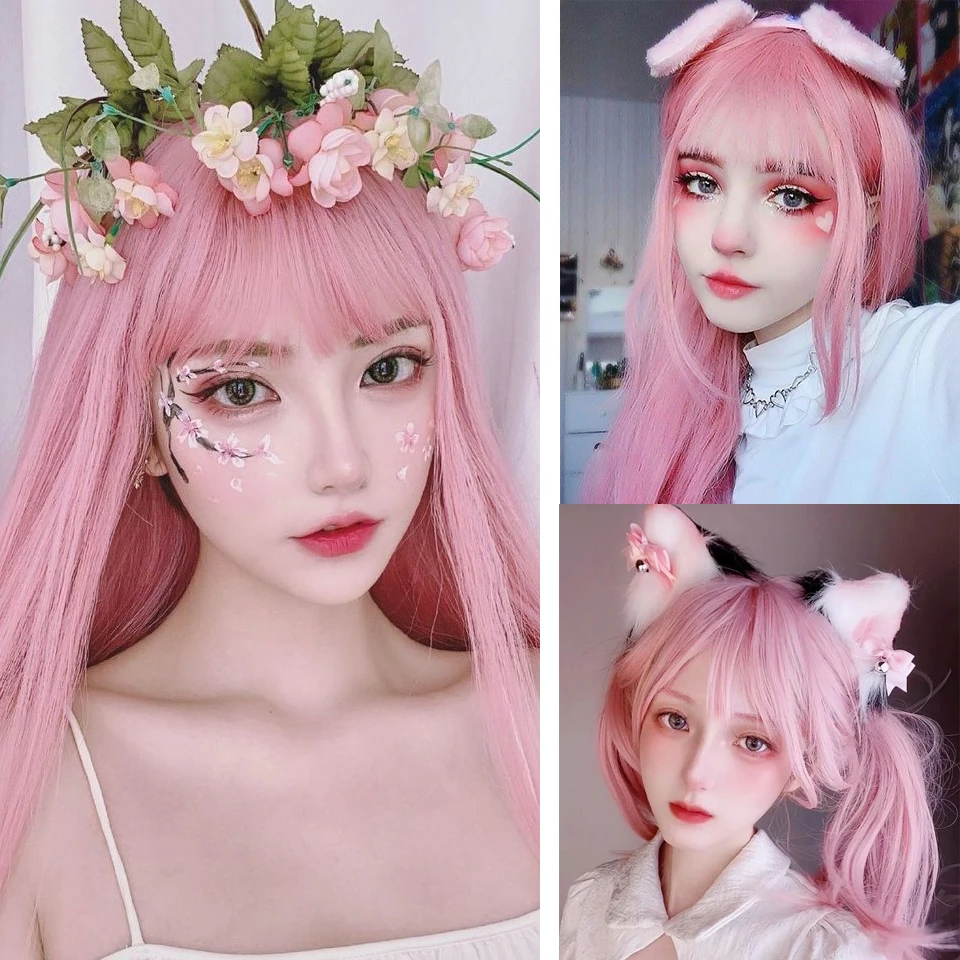 HUAYA Synthetic Long Straight Pink Wig Female Cosplay Wig With Bangs Heat-Resistant Fiber Daily Party False Hair