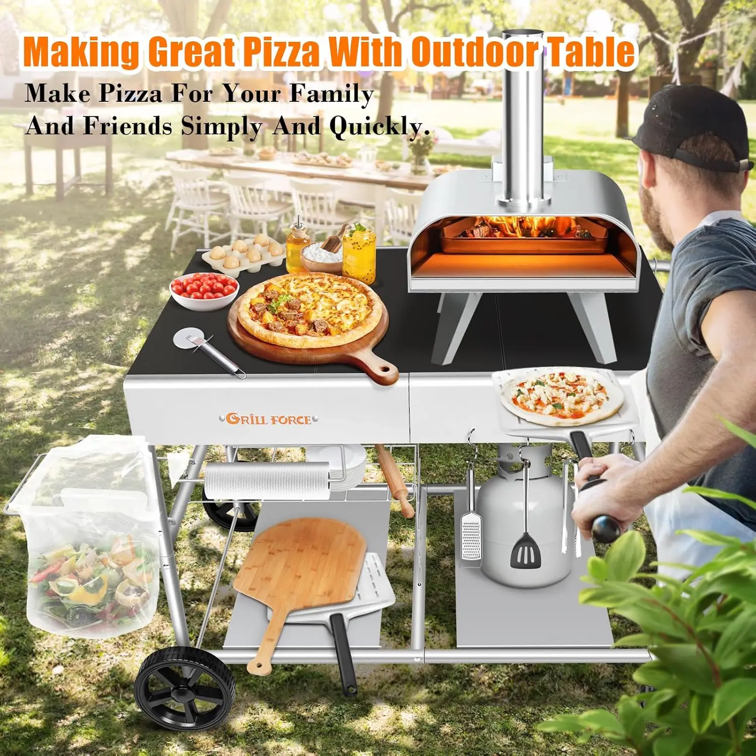 Oven Table, Movable Pizza Oven Stand, Pizza Oven Cart, Outdoor Grill Table Stand, Dinning Cart, Food Prep Work Cart, Fit for Oon