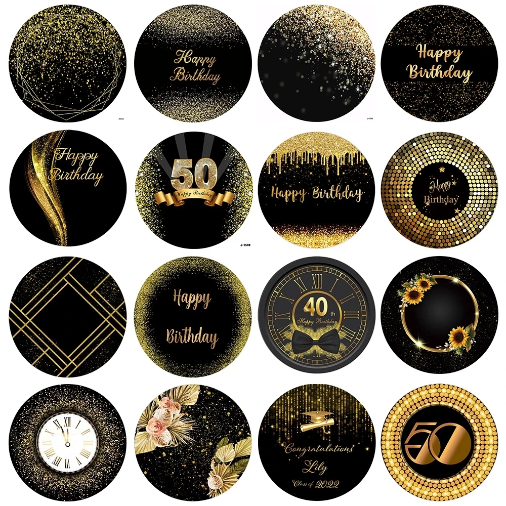 Круглый фон для дня рождения для взрослых, черный и золотой стиль, блестящий боке для мужчин и женщин, круглый фон, эластичный индивидуальный заказ