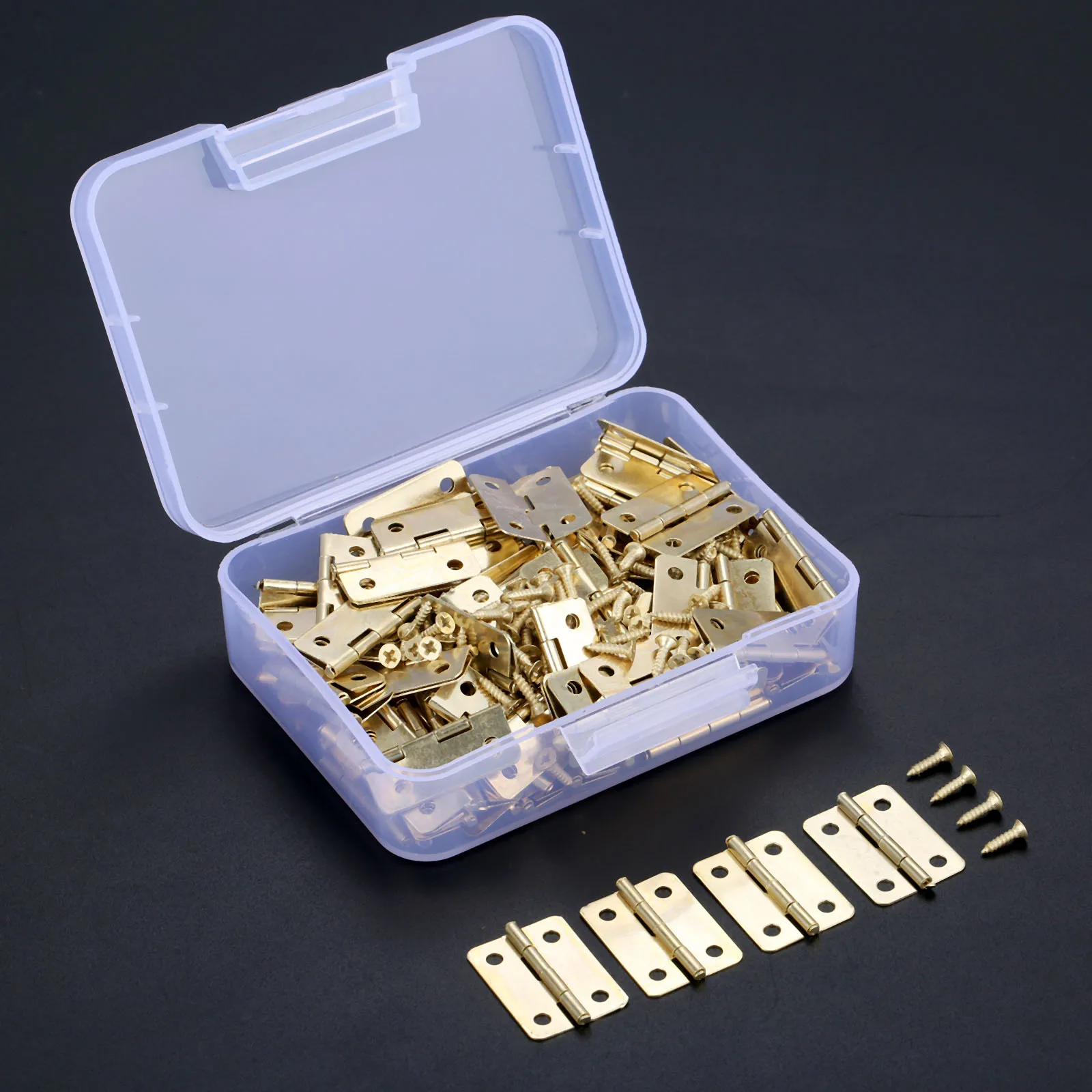 100Pcs Small Hinges Decorative Mini Hinges +400pcs Screws + Storage Box for Door Cabinet Crafts Wooden Jewelry Box Outdoor Decor