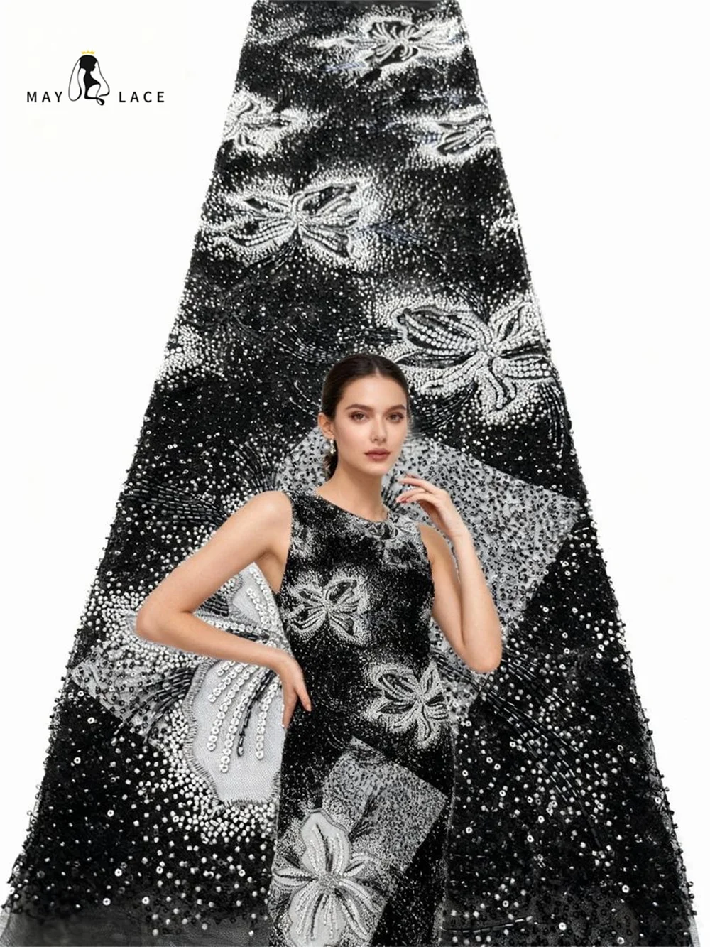 

Black Luxury Sequence African Lace Fabrics 2025 Latest High Quality French Tulle Lace Embroidery With Beads For Party Dresses