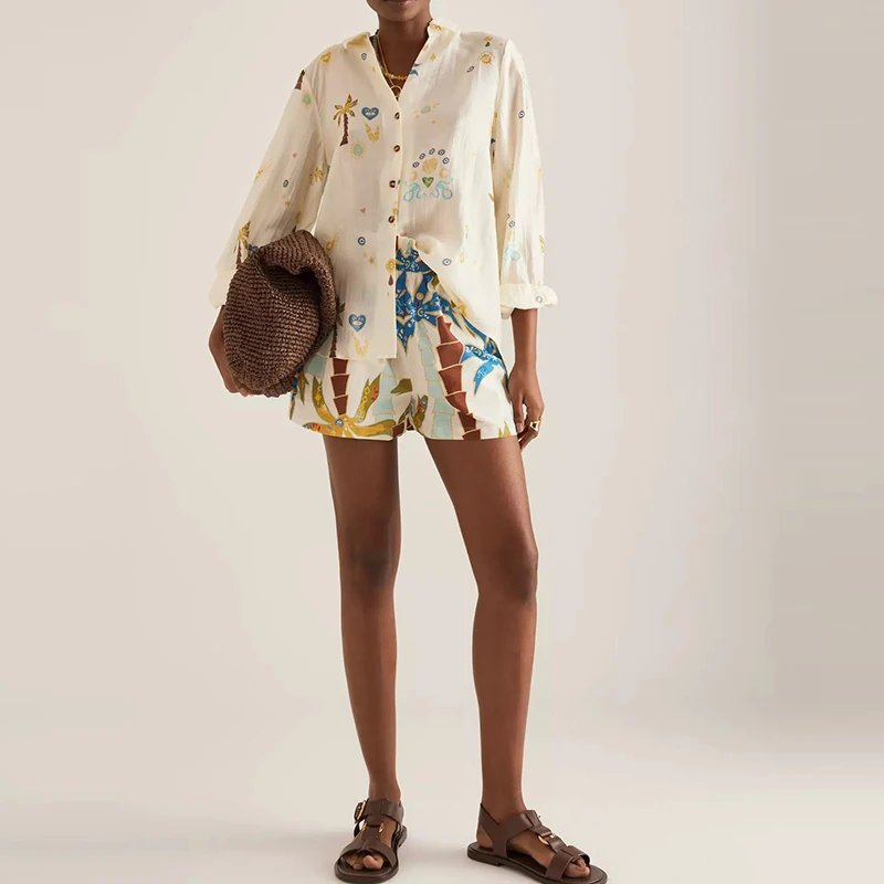 

Женская мода на пуговицах, удобная одежда из 2 предметов, повседневные вечерние комплекты с свободными карманами и принтом, элегантная рубашка с длинными рукавами и короткие костюмы с лацканами