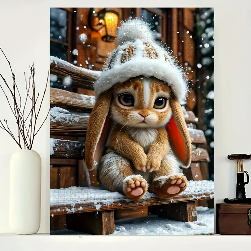 Puzzle zimowe z królikami - 1000 elementów, trudna gra DIY dla dorosłych i rodzin, biały prostokątny kształt z motywem śnieżnego krajobrazu