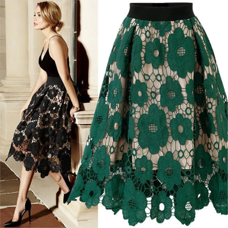 Fashion Office Lady Skirt Lace Hollow Out Elegant A-line High Waist Knee Length Midi Skirt Solid Loose Casual Party Skirts Robe