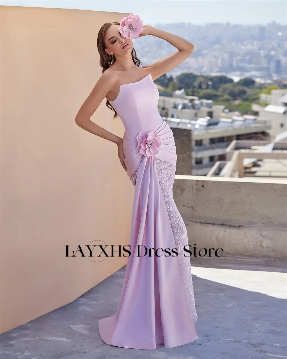 LAYXHS Simples Renda Sereia Vestidos de Noite Rosa Strapless Flores Plissado Vestidos de Baile Personalizados فستانmavera