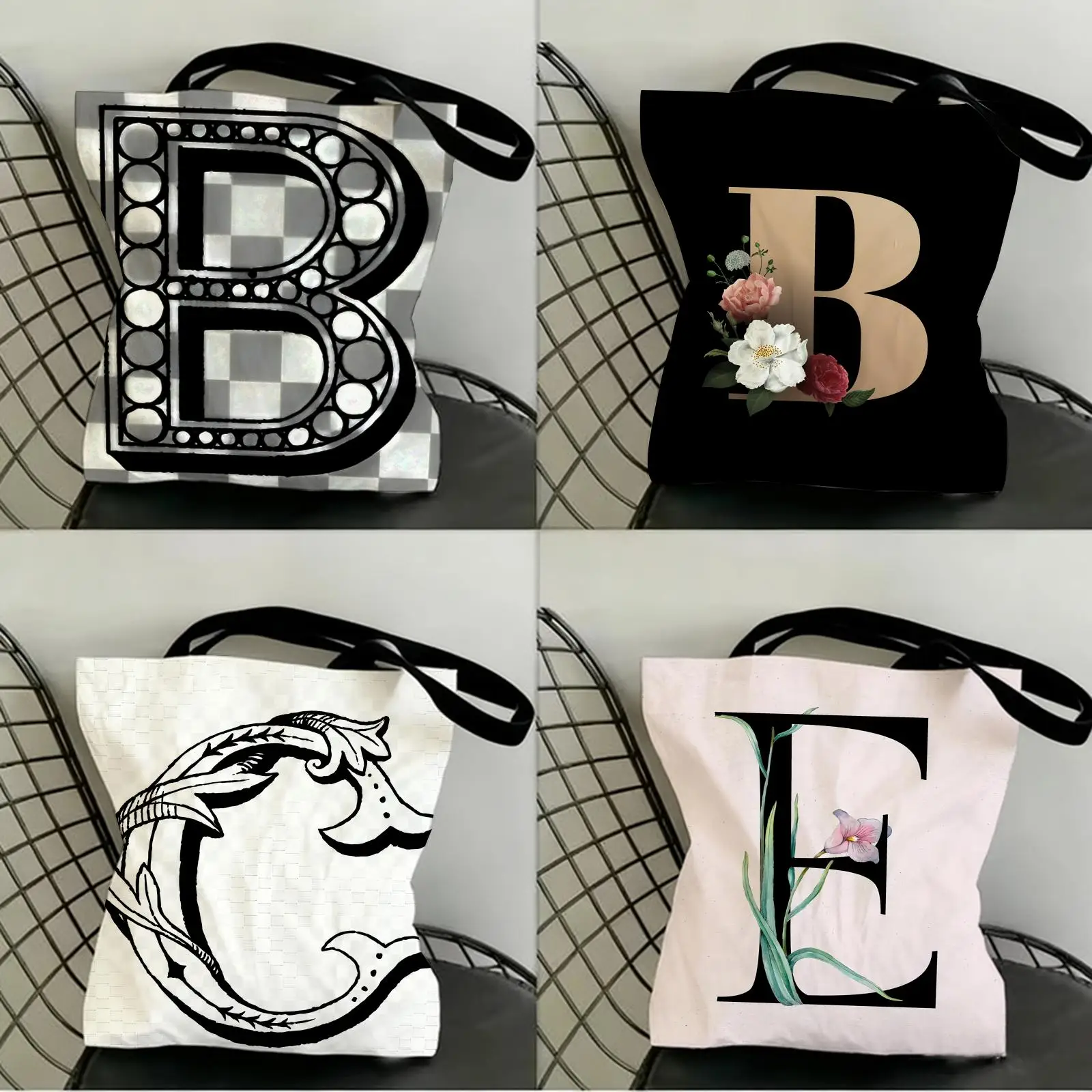 Cute Letter Design Storage Bags Canvas Double-Sided Print Fashion Shoulder Tote Shopping Bag Gift Eco Handbags