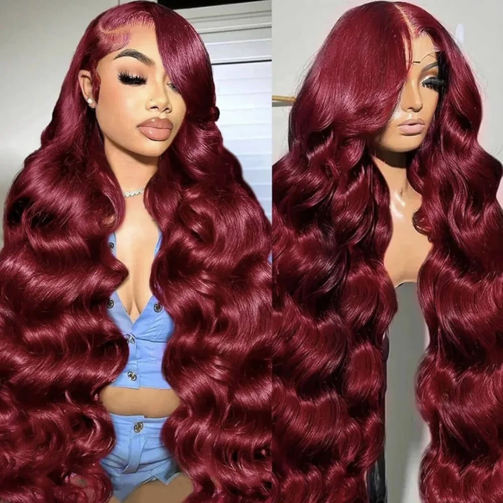 Burgundy 99J Body Wave Human Hair Lace Front Wig 13x6 HD Transparent Lace 36 Inch 200 Density Pre Plucked Bleached Knots