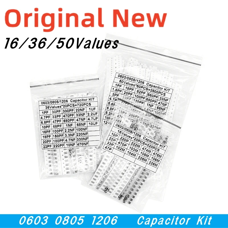 

1pack 16/36/50Values 320PCS 720PCS 2500PCS 0603 0805 1206 SMD Capacitor Kit igmopnrq Assorted ibuw 1PF ~ 1UF