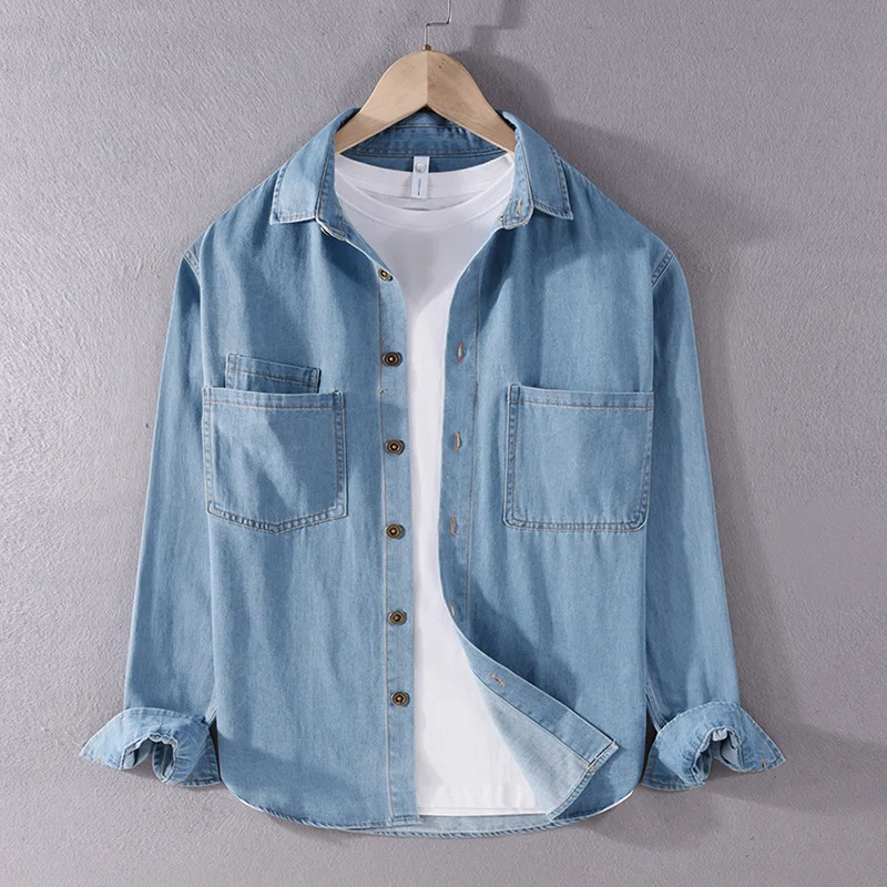 

Spring Autumn Long Sleeve Denim Shirt Men Workwear Casual Shirts Pure Cotton Pocket Blue Jean Shirts Korean Fashion Loose Shirt