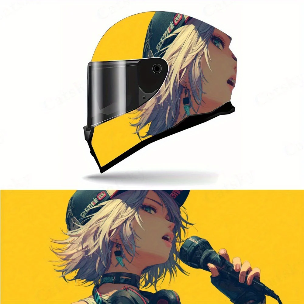 

Художественная живая аниме-девушка с музыкой, полная наклейка на шлем, мотоциклетный шлем, гоночная графическая наклейка, виниловая наклейка на шлем