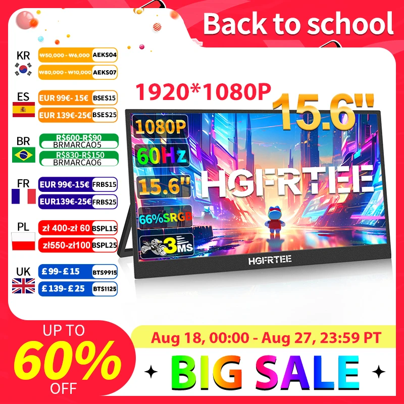 

HGFRTEE Portable Monitor 15.6 Inch Full HD Gaming Monitor Built-in Bracket VESA Wall Mount Monitor for PC Mac Mobile Xbox PS5
