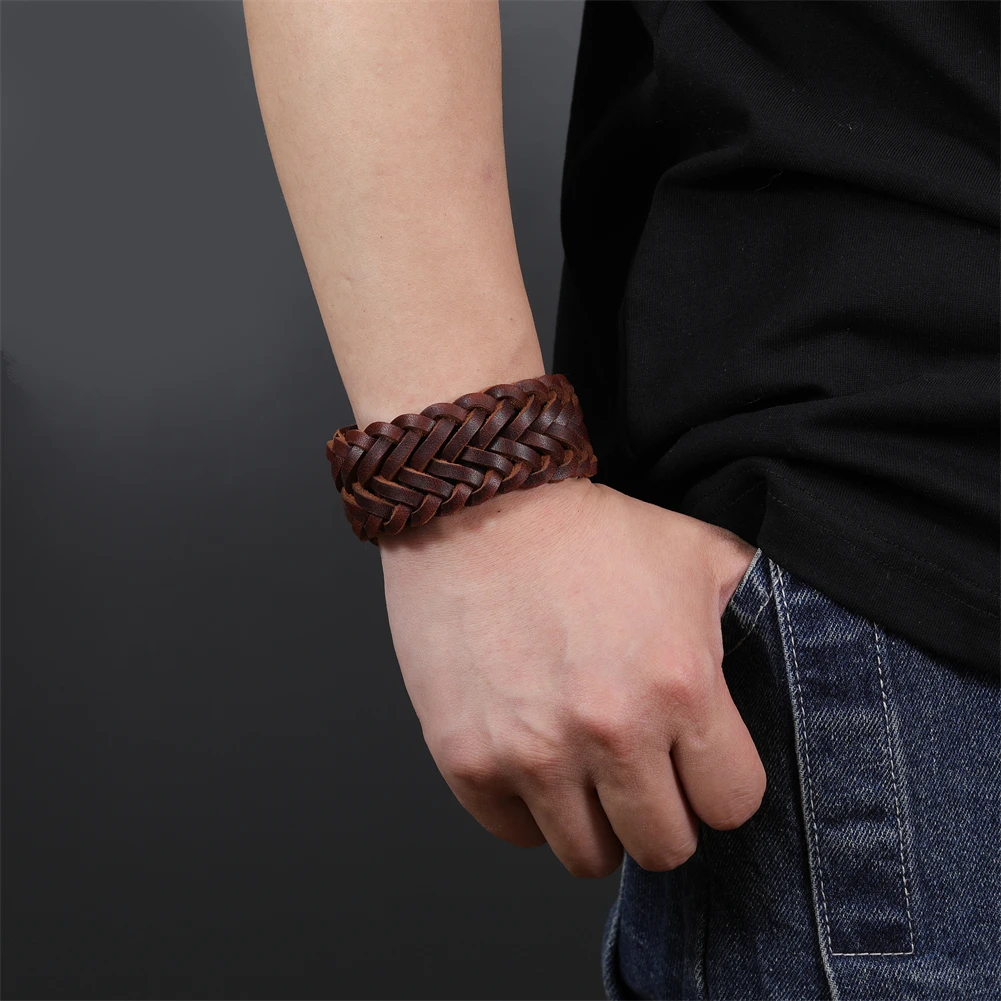 2024 Trend Jewelry Handmade Weave Genuine Leather Bracelet Men Vintage Cuff Wide Leather Bracelet Pulsera Hombre