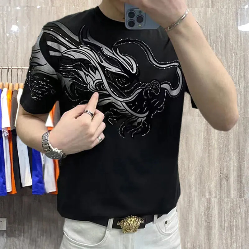 Luxury Men\'s Premium Comfortable Short Sleeve T-shirt 2023 Summer New Round Neck Hot Diamond Popular Versatile Short Sleeve