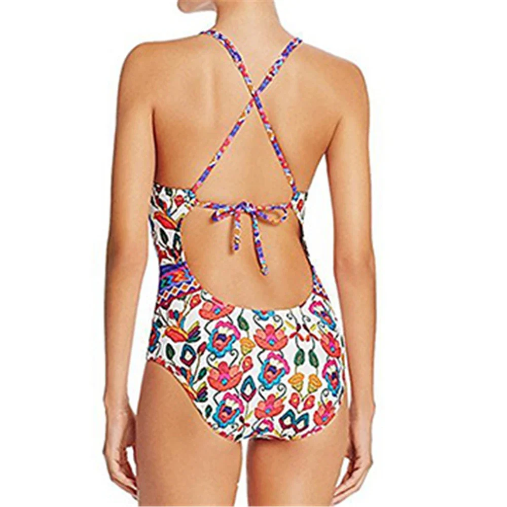 Womens One Piece Swimsuit Floral Printing Straps Sexy Backless Swimwear Ladies Padded Swimming Bathing Suit Backless Beachwear