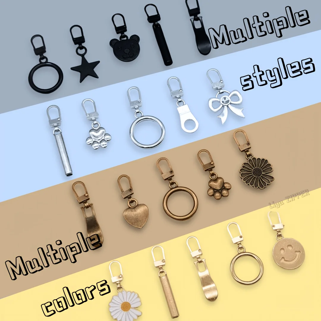 20 tirettes de fermeture éclair de remplacement de couleurs variées, en alliage de haute qualité, différents styles, adaptées aux sacs et aux vêtements