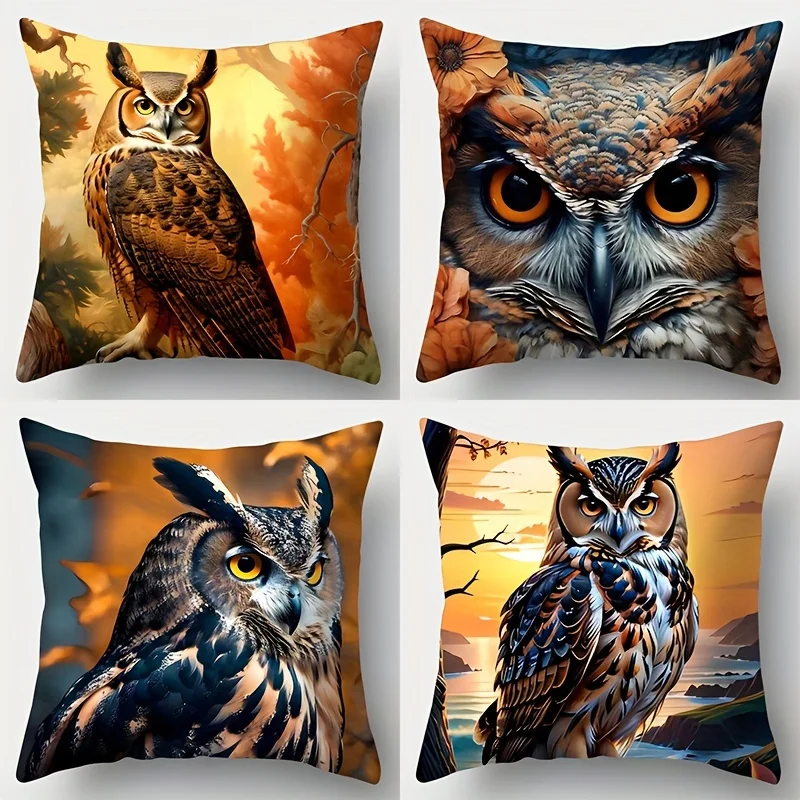 

4pcs Realistic Owl Pillow Covers, Autumn Forest Sunset Decorative Throw Pillow Cases, Nature Home Decor double-sided Printed