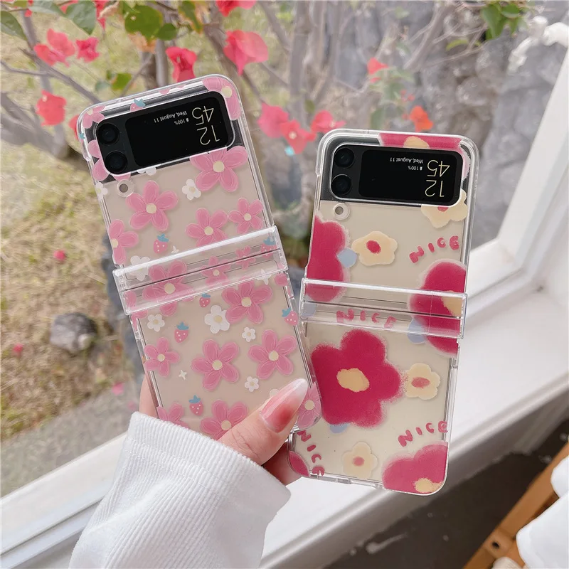 

Pink Red Flower Phone Case For Samsung Galaxy Z Flip 7 6 5 4 Protective Back Cover For ZFlip5 ZFlip6 ZFlip7 Case Shell