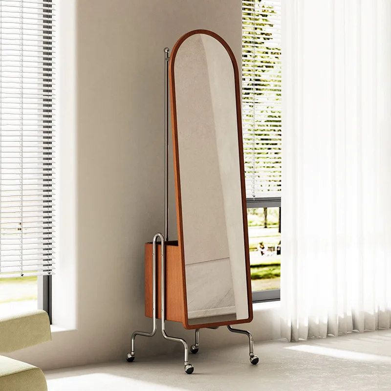 HYS retro full-body mirror coat rack household floor rotating movable full-length mirror bedroom integrated mirror creative