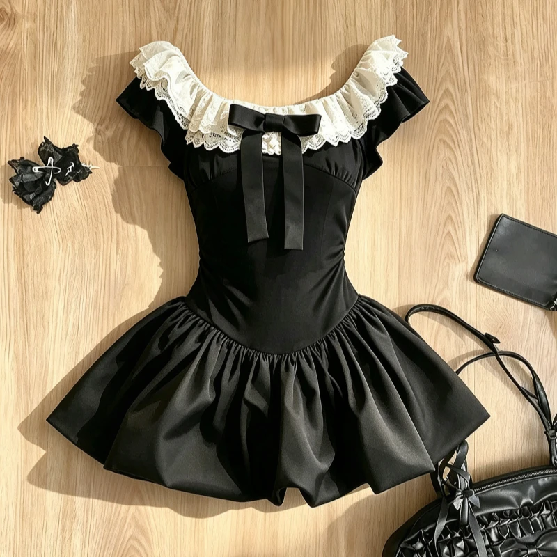 Korean Sweet Short Sleeve Dress Gentle Bow Patchwork Lace Women Elegant Y2k Vintage Solid Mini Dress Bodycon Ruffle Chic 2026