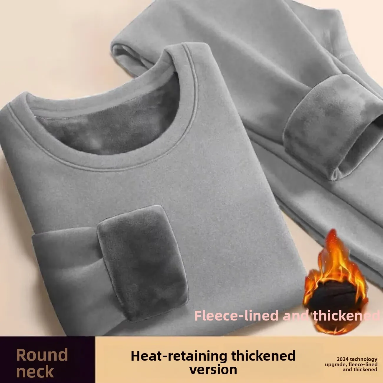 Men's Thickened Fleece Lined Thermal Underwear Set Autumn Winter Warmth Preservation Long Sleeve round Neck Single Layer Poly...