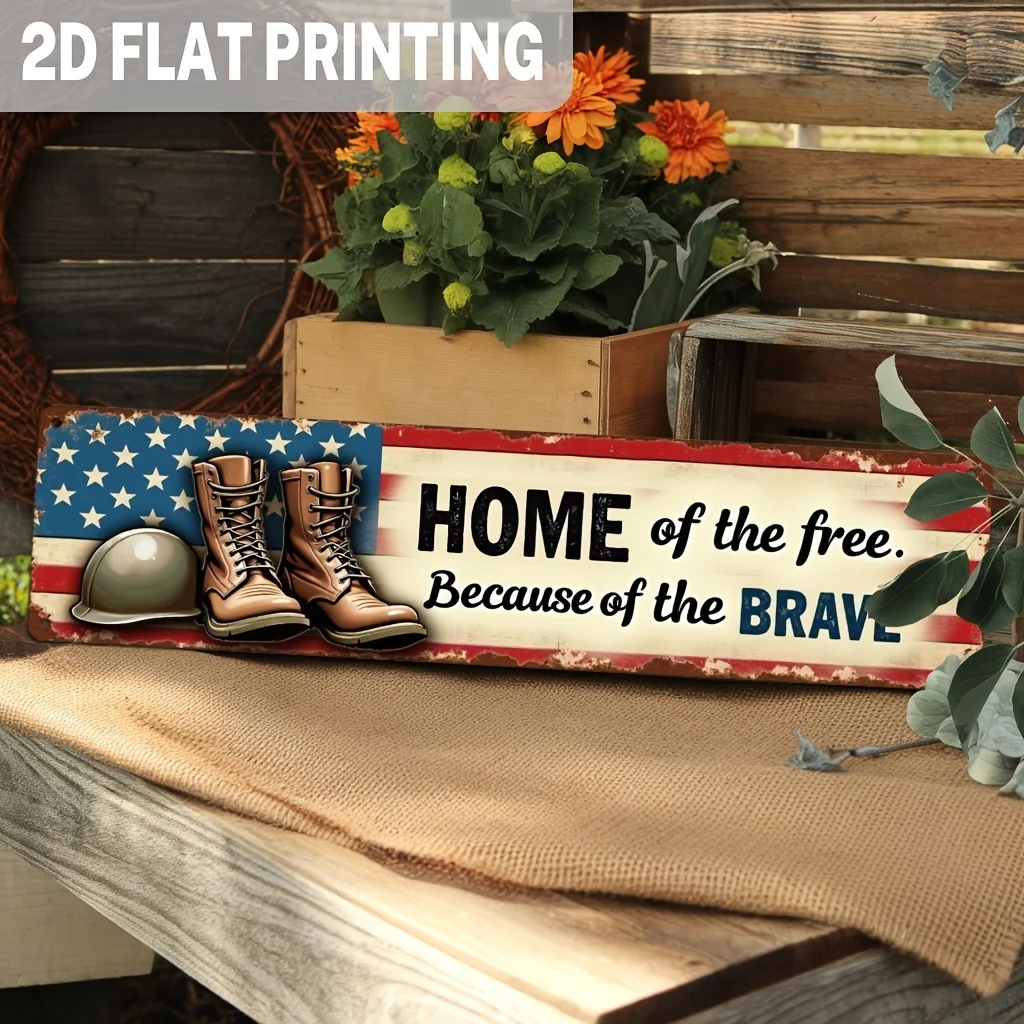 Vintage Inspirational Home of the Free Because of the Brave Metal Sign Wall Decor for Patriotic Decor, Military Tribute