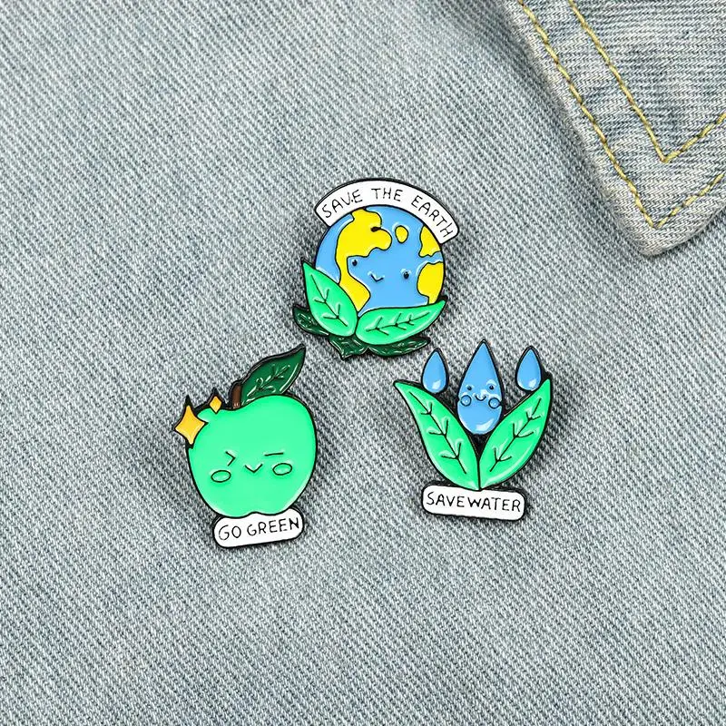 Save the Earth Enamel Pins Protect Environment Brooches Bag Clothes Lapel Pin Go Green Badge Jewelry Gift for Kids Friends