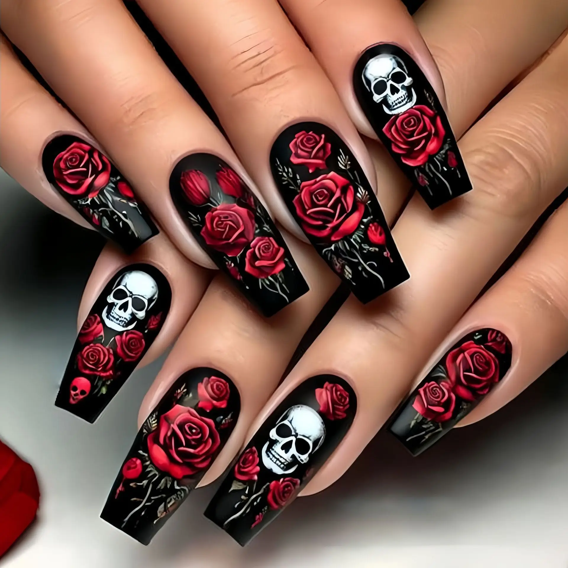 

24PCS Long Ballet Press on Nails Dark Colorful Gradient French False Nail Tips Halloween Skull Roses Pattern Full Cover Wearable