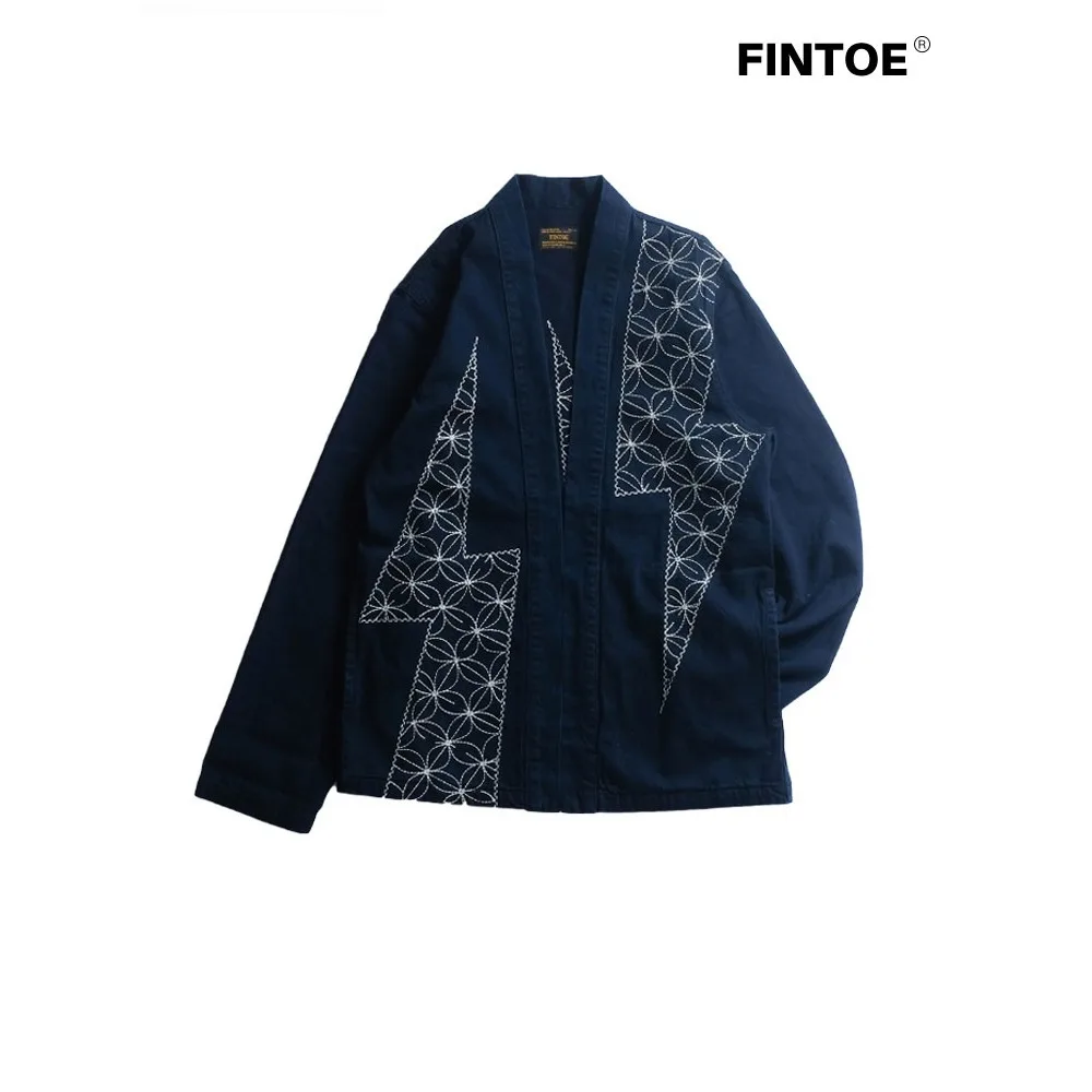Japanese Style Pure Cotton Denim Retro Lightning Embroidery Cardigan Robe Jacket
