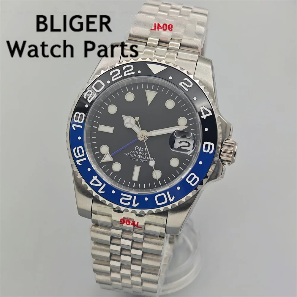 BLIGER GMT Watches Men's Luxury Sapphire Automatic Mechanical Watch 40MM Stainless Steel Waterproof Watch Luminous Ceramic Bezel