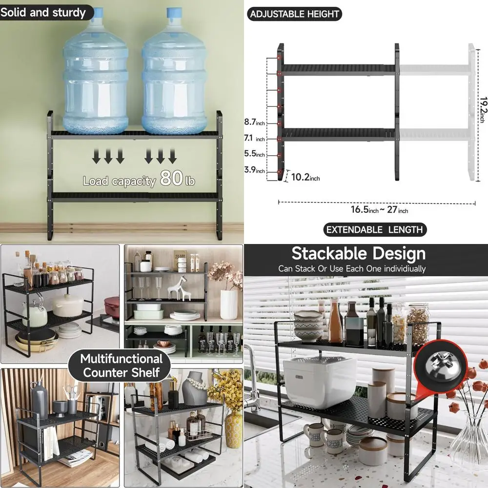 

Adjustable Metal Kitchen Counter Shelf, 16.5-27 Expandable Spice Rack Organizer, Stackable Storage for Cabinet Space